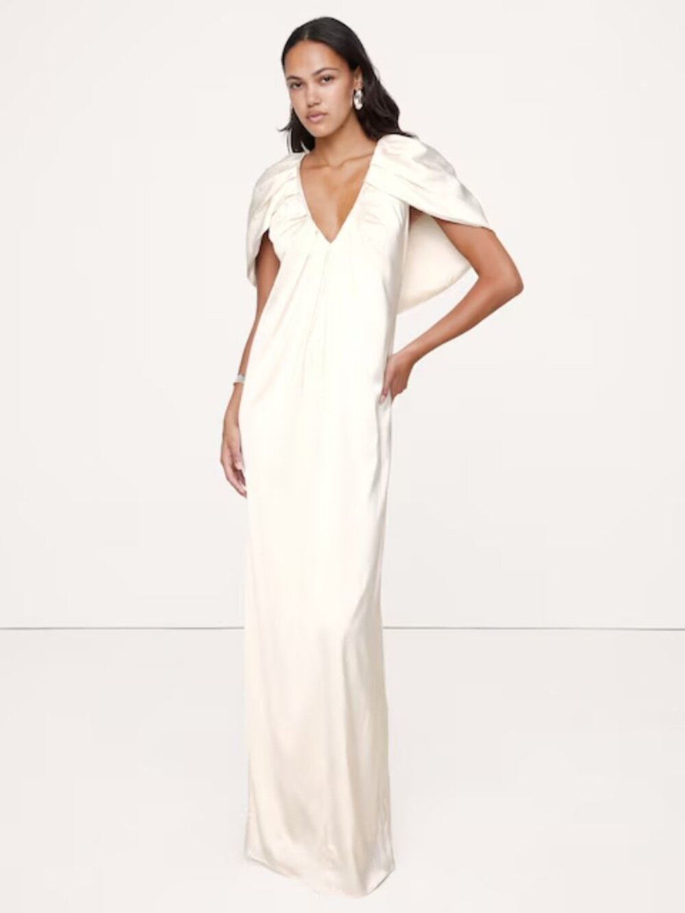 White Stretch-Satin Cape Maxi Dress - Picture 1 of 1